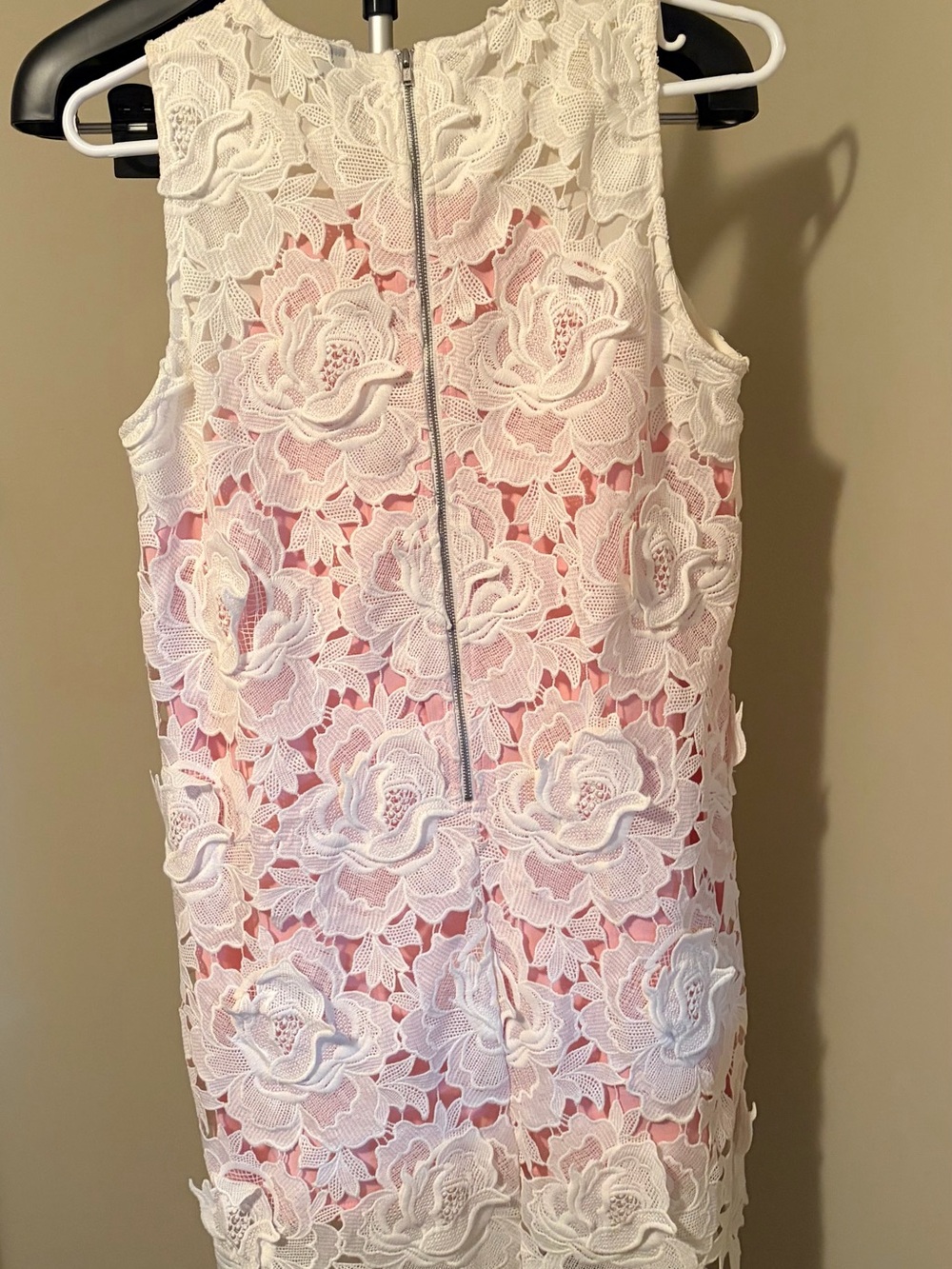 White Floral Lace Overlay Dress with Pink Lining - Picture 2 of 3